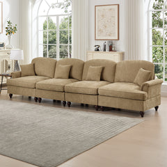 Elegant Mid Century Large 4 Seater Sofa Couch with Flared Arms and Removable Ruffles Pleats Skirts and Spindle Legs, Comfy Chenille Four-Seat Sofa for Living Room, Light Coffee