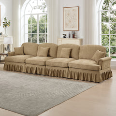 Elegant Mid Century Large 4 Seater Sofa Couch with Flared Arms and Removable Ruffles Pleats Skirts and Spindle Legs, Comfy Chenille Four-Seat Sofa for Living Room, Light Coffee