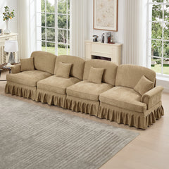 Elegant Mid Century Large 4 Seater Sofa Couch with Flared Arms and Removable Ruffles Pleats Skirts and Spindle Legs, Comfy Chenille Four-Seat Sofa for Living Room, Light Coffee