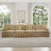 Elegant Mid Century Large 4 Seater Sofa Couch with Flared Arms and Removable Ruffles Pleats Skirts and Spindle Legs, Comfy Chenille Four-Seat Sofa for Living Room, Light Coffee