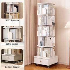 Rotating Bookshelf with Drawer, 360 Display 6 Tier Corner Bookshelf for Small Space, Floor Standing Bookcase Storage Rack, Wood Narrow Organizer for Bedroom, Living Room (WHITE)