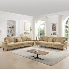 Classic Sleeper Sofa Couch with Flared Arms and Removable Ruffles Pleats Skirts and Spindle Legs, Comfy Modular Sectional Chenille Deep Seat Cloud Sofa Couch with 3 Movable Ottomans, Light Coffee