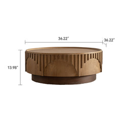 36.22" Modern Round Coffee Table - Solid Wood & MDF Moon-Cut Fluted Center Table, Handcrafted Relief Tea Table for Living Room/Apartment (Sturdy Pedestal)