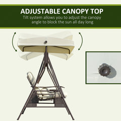 Outsunny 2-Person Patio Swing Bench with Adjustable Shade Canopy, Soft Cushions, Throw Pillows and Tray, Beige.