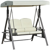 Outsunny 2-Person Patio Swing Bench with Adjustable Shade Canopy, Soft Cushions, Throw Pillows and Tray, Beige.