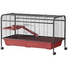PawHut 48" L Small Animal Cage, Pet Play House for Rabbit Hutch or Ferret with Feeder, Rolling Wheels, Platform, Ramp