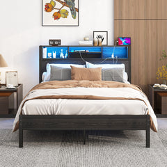 Full Size Bed Frame with Storage Headboard, Metal Platform Bed with Charging Station, Bookcase Storage, No Box Spring Needed, Easy Assembly, Noise-Free, Black