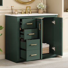 36'' Bathroom Vanity with Ceramic Sink Combo, Solid Wood Frame Bathroom Storage Cabinet, Freestanding Vanity Set with 3 Drawers& Soft Closing Doors