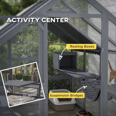 PawHut Wooden Catio Outdoor Cat Enclosure with Waterproof Cover, 2 Condos, 6 Platforms, Bridge, Doors, Gray