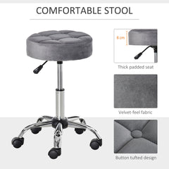 HOMCOM Round Rolling Stool with Height Adjustable Lift, Vanity Chair with Luxury Style Upholstery, Office Chair with Swivel Seat and Wheels for Work Spa Salon, Grey