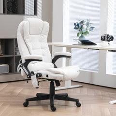 HOMCOM 6 Point Vibrating Massage Office Chair with Heat, Linen High Back Massage Desk Chair with Reclining Backrest, White