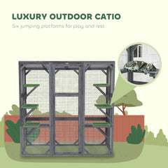 PawHut Large Wooden Catio Outdoor with 6 Jumping Platforms, Weatherproof Roof, for 1-3 Cats, 59" x 28" x 60", Gray