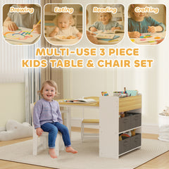 Qaba Kids Desk and Chair Set with Paper Roll, Kids Activity Craft Table with Storage Shelves and Drawers, Natural Wood