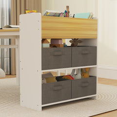 Qaba Kids Desk and Chair Set with Paper Roll, Kids Activity Craft Table with Storage Shelves and Drawers, Natural Wood