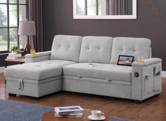 Aurora II 84"W Gray Woven Fabric Reversible Sleeper Sectional Sofa with Storage Chaise, Storage Arm, Cup Holder, Charging Ports, Side Pockets, and Pocket Coil Seating