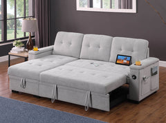 Aurora II 84"W Gray Woven Fabric Reversible Sleeper Sectional Sofa with Storage Chaise, Storage Arm, Cup Holder, Charging Ports, Side Pockets, and Pocket Coil Seating