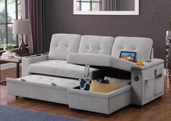 Aurora II 84"W Gray Woven Fabric Reversible Sleeper Sectional Sofa with Storage Chaise, Storage Arm, Cup Holder, Charging Ports, Side Pockets, and Pocket Coil Seating