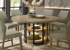 Elena 59" Round Rustic Oak Dining Table with LED Light, Black Metal Frame, Shelves