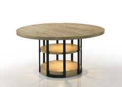 Elena 59" Round Rustic Oak Dining Table with LED Light, Black Metal Frame, Shelves