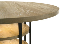 Elena 59" Round Rustic Oak Dining Table with LED Light, Black Metal Frame, Shelves