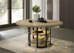 Elena 59" Round Rustic Oak Dining Table with LED Light, Black Metal Frame, Shelves