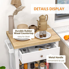 HOMCOM Kitchen Island on Wheels, Rolling Kitchen Cart with Rubberwood Top, Drawer, Wine Rack and Cabinet, White