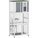 PawHut 74" Wooden Catio Outdoor Cat Enclosure Weatherproof & Wheeled, Outside Cat House with High Weight Capacity, Kitten Cage Condo, White