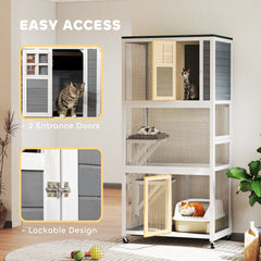 PawHut 74" Wooden Catio Outdoor Cat Enclosure Weatherproof & Wheeled, Outside Cat House with High Weight Capacity, Kitten Cage Condo, White