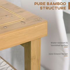 HOMCOM Bamboo Kitchen Island Cart on Wheels, Utility Trolley Cart with 2 Storage Drawers and Open Shelves, Bamboo Tone