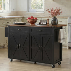 K&K 53.5''Farmhouse Kitchen Island with Power Outlet, Kitchen Storage Island with Drop Leaf, Spice Rack and Drawer, Rolling Kitchen Cart on Wheels, for Home, Kitchen and Dining Room, Black
