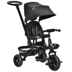 Qaba Kids Tricycle, 5 in 1 Foldable Trike with Reversible Seat, Adjustable Parent Handle, Safety Harness, Wheel Brakes, Removable Canopy, Storage, Tricycle for Toddlers 1-5 Years, Black