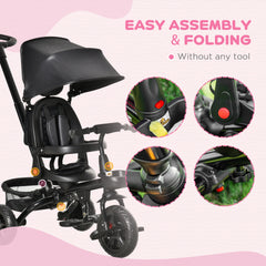 Qaba Kids Tricycle, 5 in 1 Foldable Trike with Reversible Seat, Adjustable Parent Handle, Safety Harness, Wheel Brakes, Removable Canopy, Storage, Tricycle for Toddlers 1-5 Years, Black