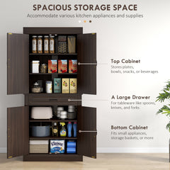 HOMCOM 71" Freestanding Kitchen Pantry with 4 Doors and 2 Large Cabinets, Tall Storage Cabinet with Drawer, Coffee