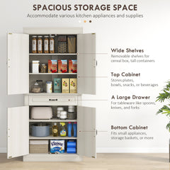 HOMCOM 71" Freestanding Kitchen Pantry with 4 Doors and 2 Large Cabinets, Tall Storage Cabinet with Drawer, Distressed White