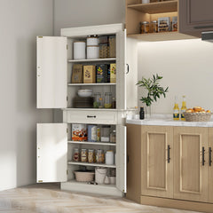 HOMCOM 71" Freestanding Kitchen Pantry with 4 Doors and 2 Large Cabinets, Tall Storage Cabinet with Drawer, Distressed White