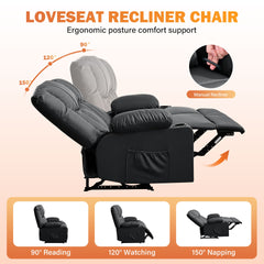 Recliner Loveseat with Massage and Heating for Living Room,Love Seat Manual Oversized Recliner with Cup Holders,Side Pocket for Adult,BLACK