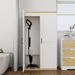 55.1" Tall Wooden Vacuum Storage Cabinet, Broom Closet Storage Cabinet with 2 Doors and a Adjustable Shelf, Cleaning Tool Cabinet for Living Room, Kitchen, Garage, Utility Room, Bathroom-White