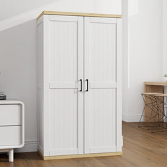 55.1" Tall Wooden Vacuum Storage Cabinet, Broom Closet Storage Cabinet with 2 Doors and a Adjustable Shelf, Cleaning Tool Cabinet for Living Room, Kitchen, Garage, Utility Room, Bathroom-White