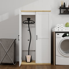 55.1" Tall Wooden Vacuum Storage Cabinet, Broom Closet Storage Cabinet with 2 Doors and a Adjustable Shelf, Cleaning Tool Cabinet for Living Room, Kitchen, Garage, Utility Room, Bathroom-White