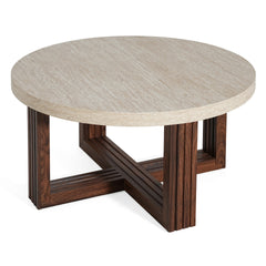 Round Coffee Table 31.5 Inch Marble Pattern Top & Cross Brown Base, Modern Center Table for Living Room with Natural Wood Grain