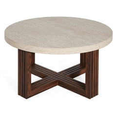 Round Coffee Table 31.5 Inch Marble Pattern Top & Cross Brown Base, Modern Center Table for Living Room with Natural Wood Grain