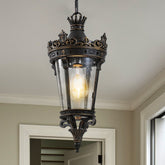 18"(H) Antique Crown Outdoor Hanging Lantern, Waterproof Vintage Pendant Light with Ornate Metal Design and Clear Glass for Patio, Garden, Porch, Entryway Lighting (One piece&No bulb)
