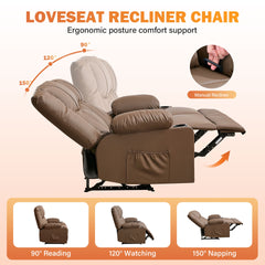 Recliner Loveseat with Massage and Heating for Living Room,Love Seat Manual Oversized Recliner with Cup Holders,Side Pocket for Adult,BROWN