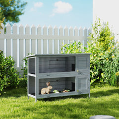 PawHut 54" 2-Story Large Rabbit Hutch Bunny Cage Wooden Pet House Small Animal Habitat Lockable Doors, Tray, Roof, Gray