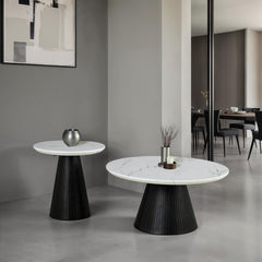Contemporary Style 3pc Table Set 1x Round Cocktail Table 2x Round End Table Faux Marble Top Black Finish Primary Living Room