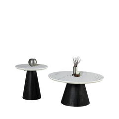 Contemporary Style 3pc Table Set 1x Round Cocktail Table 2x Round End Table Faux Marble Top Black Finish Primary Living Room