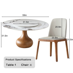 Modern Marble Dining Table, 59" Round Sintered Stone Table for Dining Room, Kitchen, Dinette, Compact Space With Lazy Susan(8 chairs)