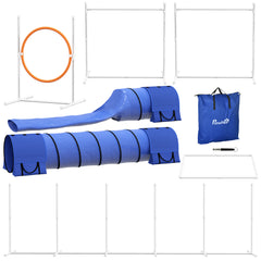 PawHut 7pc Agility Training Equipment for Dogs w/ Tunnels, Weave Poles Adjustable Hurdle, Jumping Ring, Pause Box, Blue