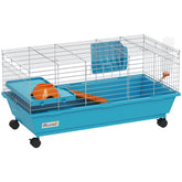 PawHut 35"L Small Animal Cage, Rolling Bunny Cage, Guinea Pig Cage with Wheels, Food Dish, Water Bottle, Hay Feeder, Blue
