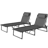 Outsunny 2 Folding Chaise Lounge Pool Chairs with 4-Position Reclining Back, Pillow, Breathable Mesh & Bungee Seat, Gray